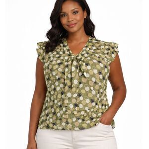 Taylor Company Women XL Sleeveless Sheer Blouse Olive Geometric Ruffle Shoulder